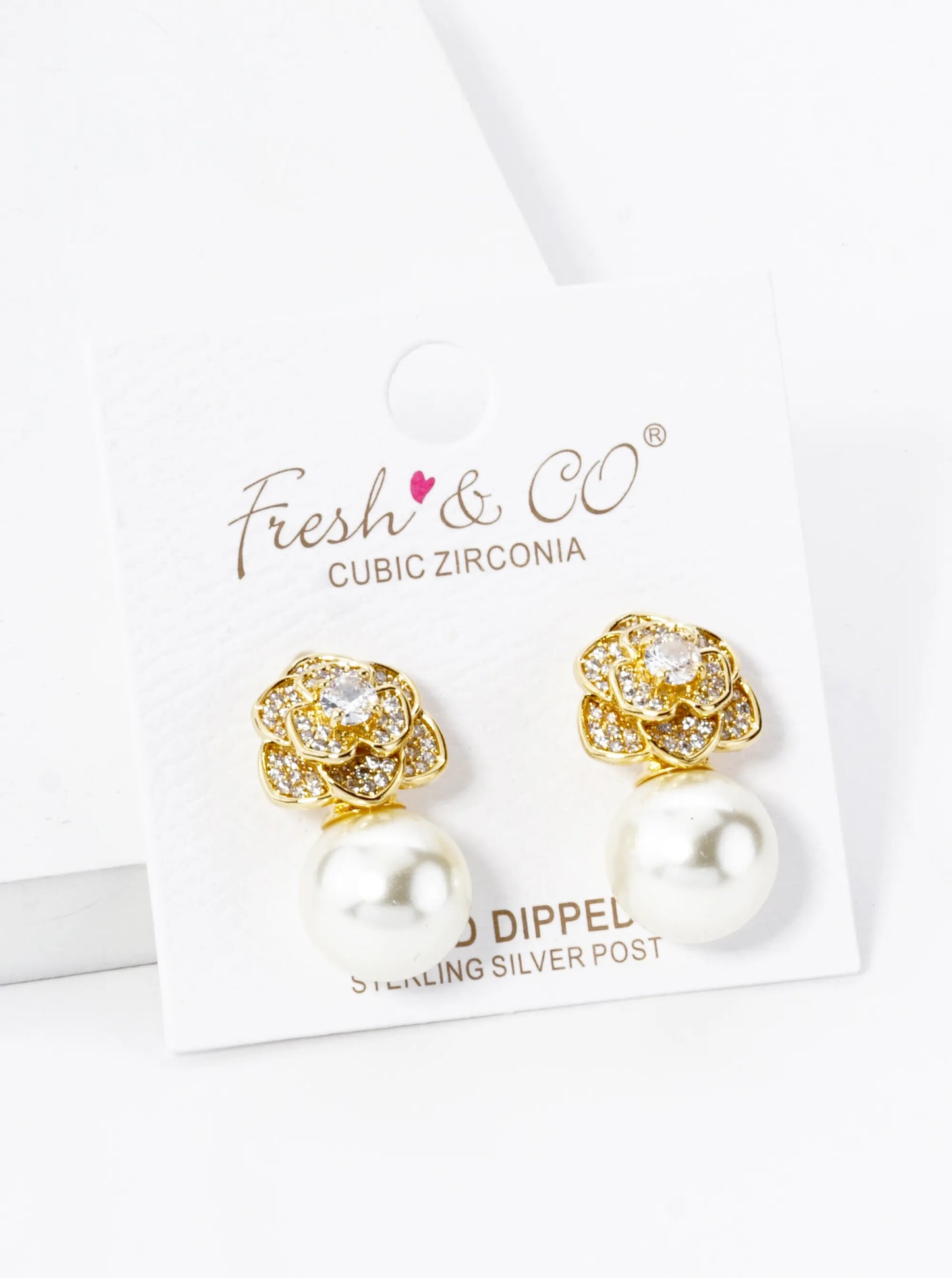 18K Gold Dipped Micro Pave Set Cubic Zirconia Rose Flower With 11mm Pearl Post Earrings
