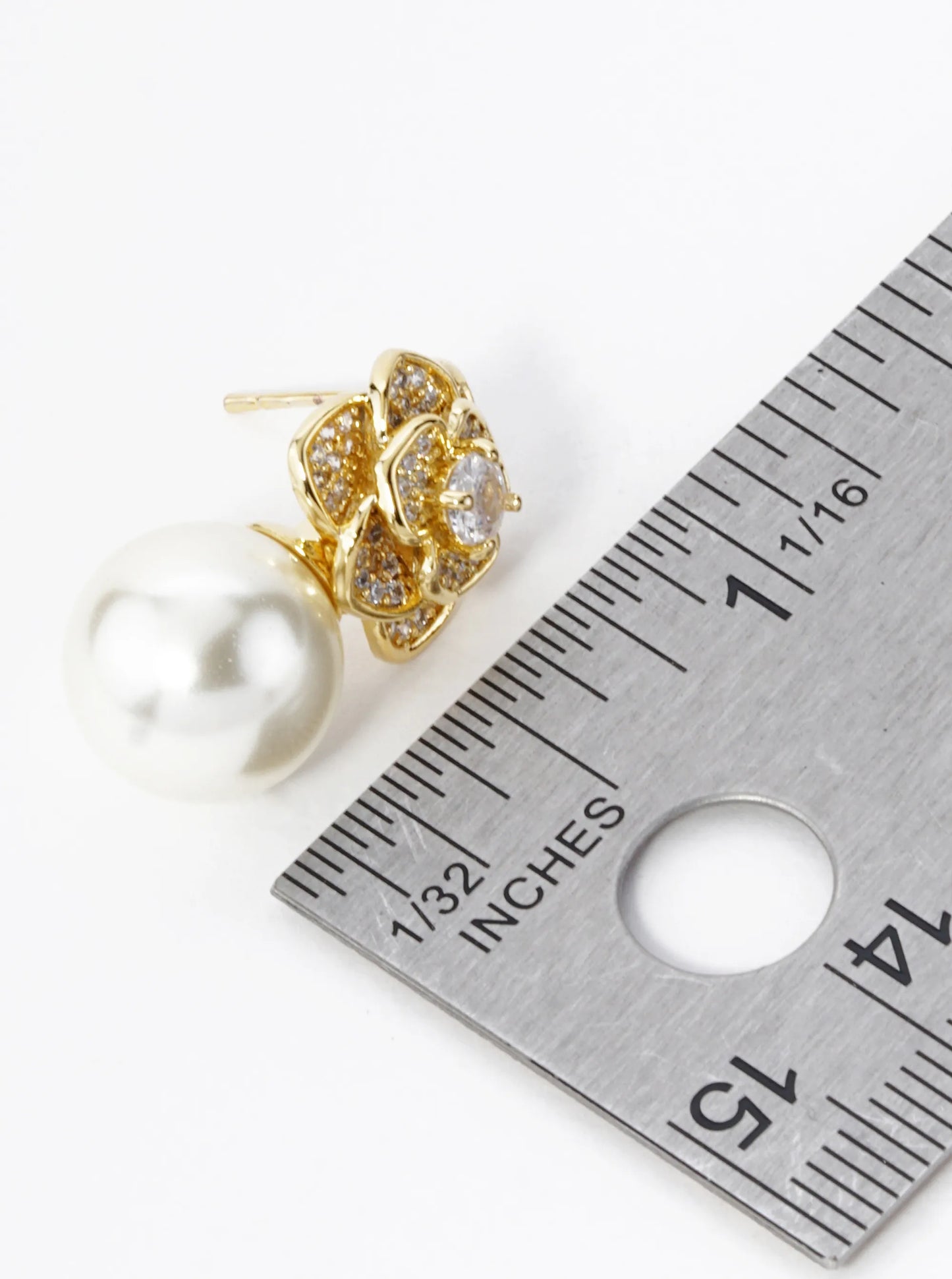 18K Gold Dipped Micro Pave Set Cubic Zirconia Rose Flower With 11mm Pearl Post Earrings
