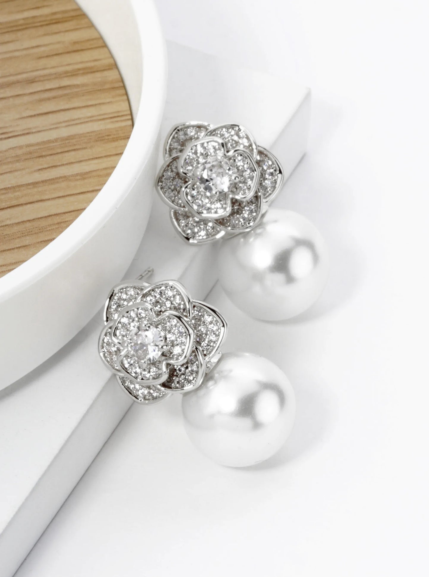 18K Gold Dipped Micro Pave Set Cubic Zirconia Rose Flower With 11mm Pearl Post Earrings