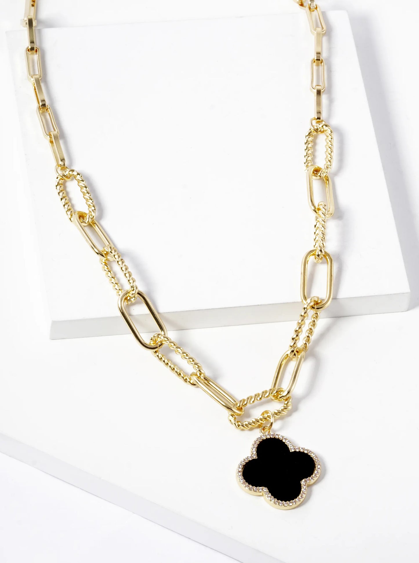 18K Gold Dipped Micro Pave Set Cubic Zirconia Semi-Precious Quatrefoil Pendant Chain Necklace