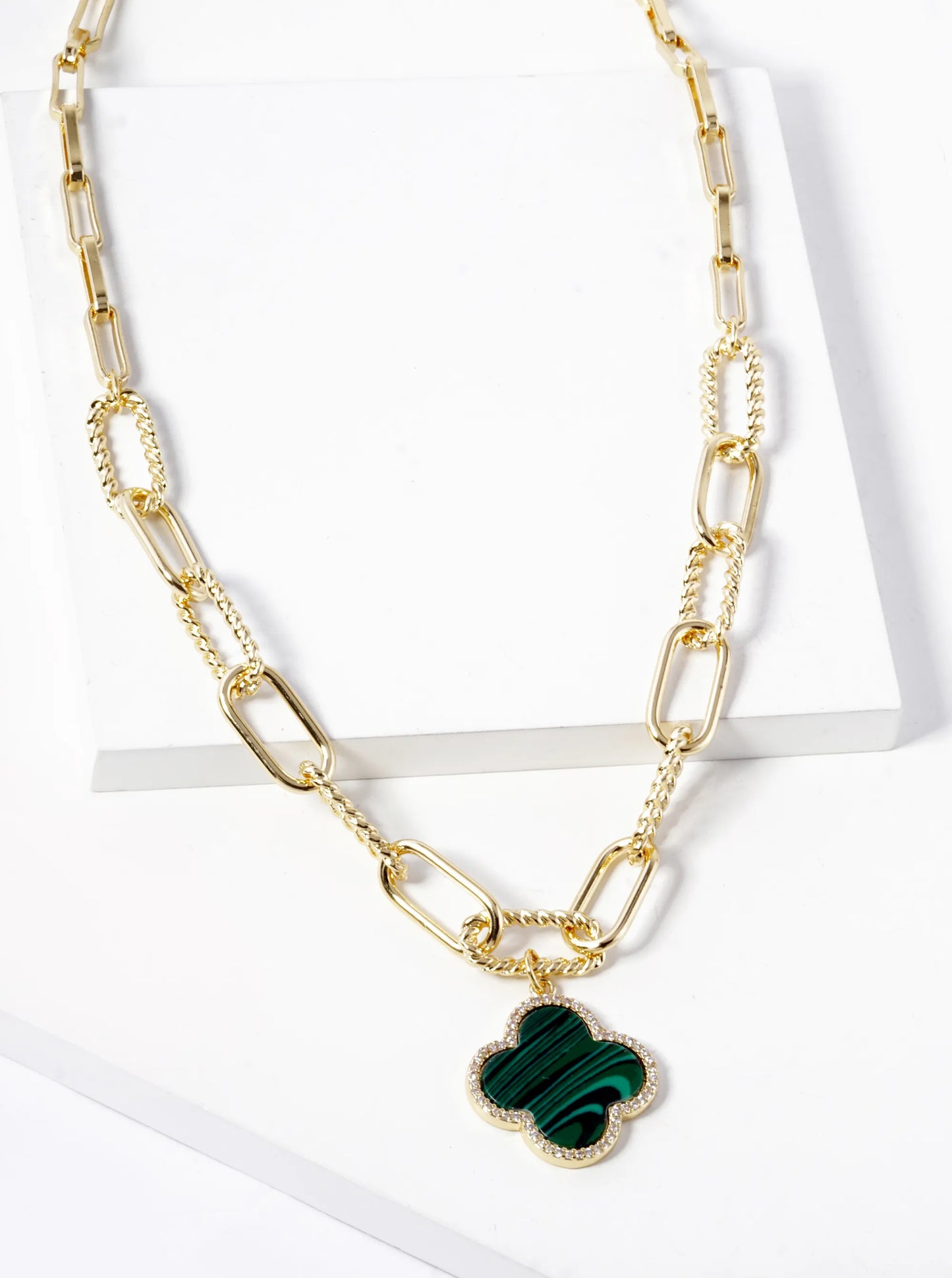 18K Gold Dipped Micro Pave Set Cubic Zirconia Semi-Precious Quatrefoil Pendant Chain Necklace