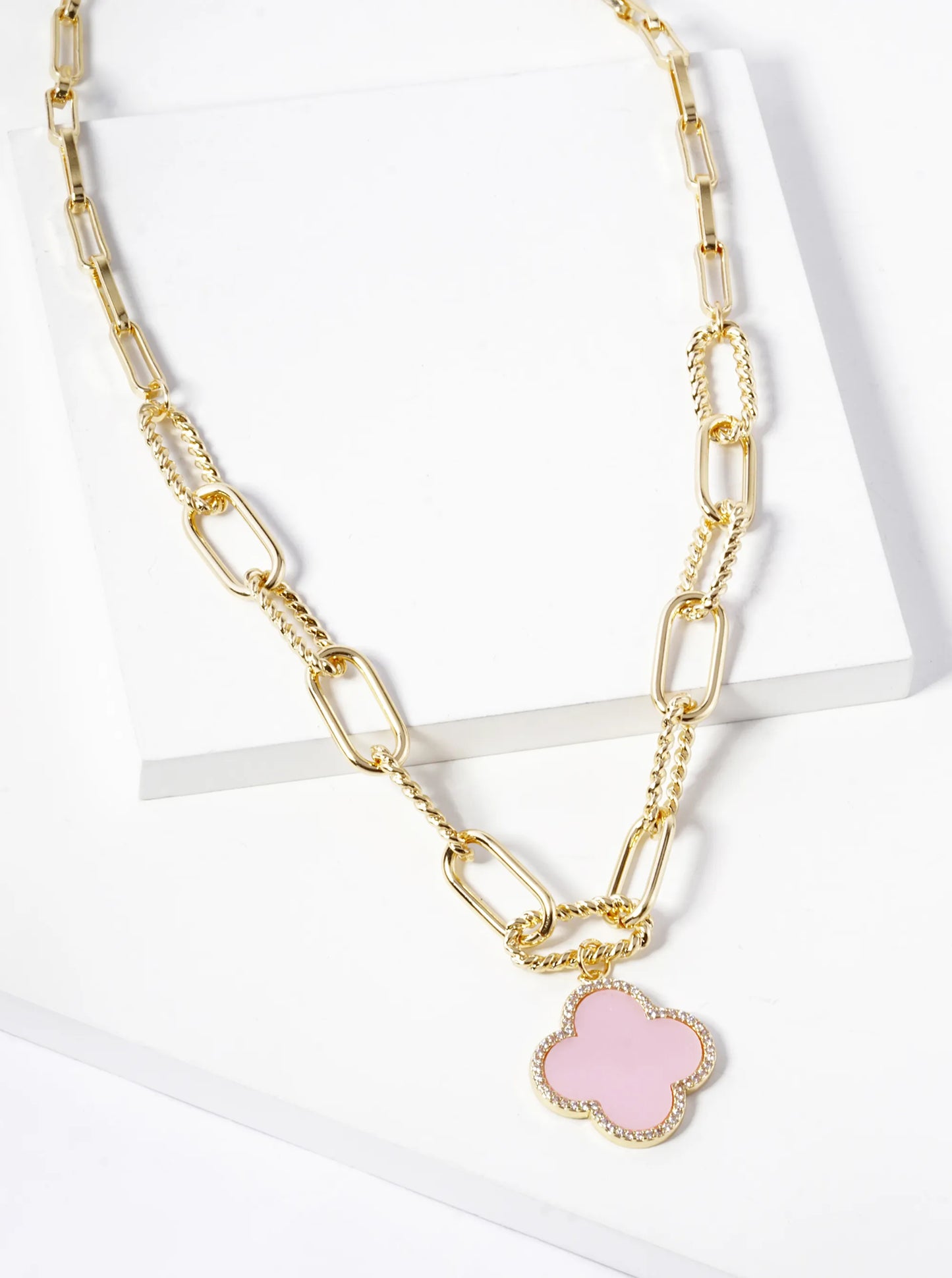 18K Gold Dipped Micro Pave Set Cubic Zirconia Semi-Precious Quatrefoil Pendant Chain Necklace