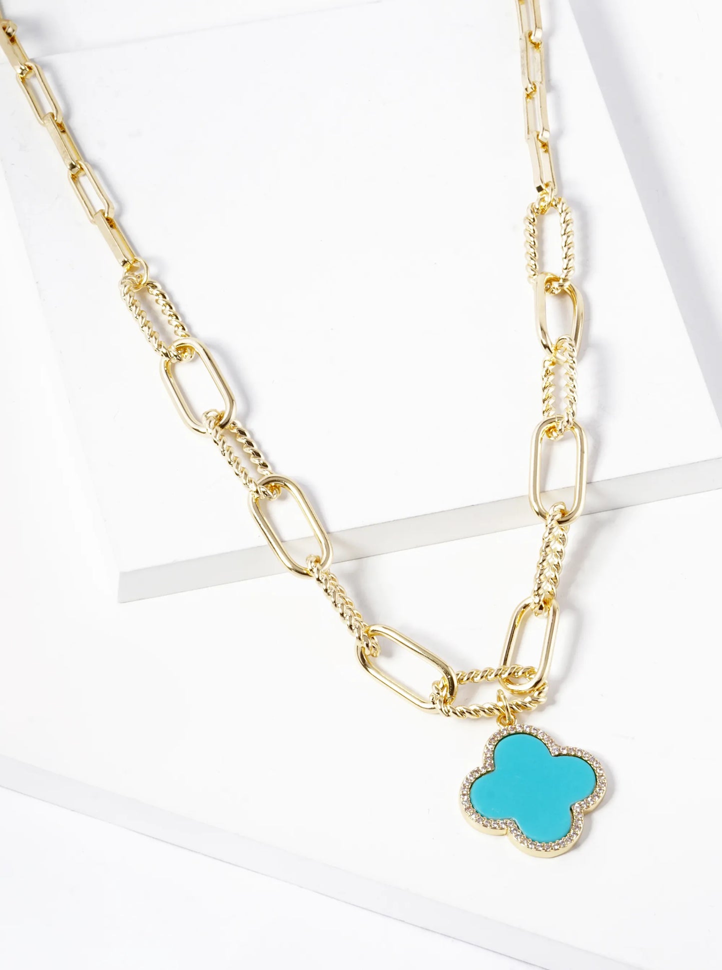 18K Gold Dipped Micro Pave Set Cubic Zirconia Semi-Precious Quatrefoil Pendant Chain Necklace