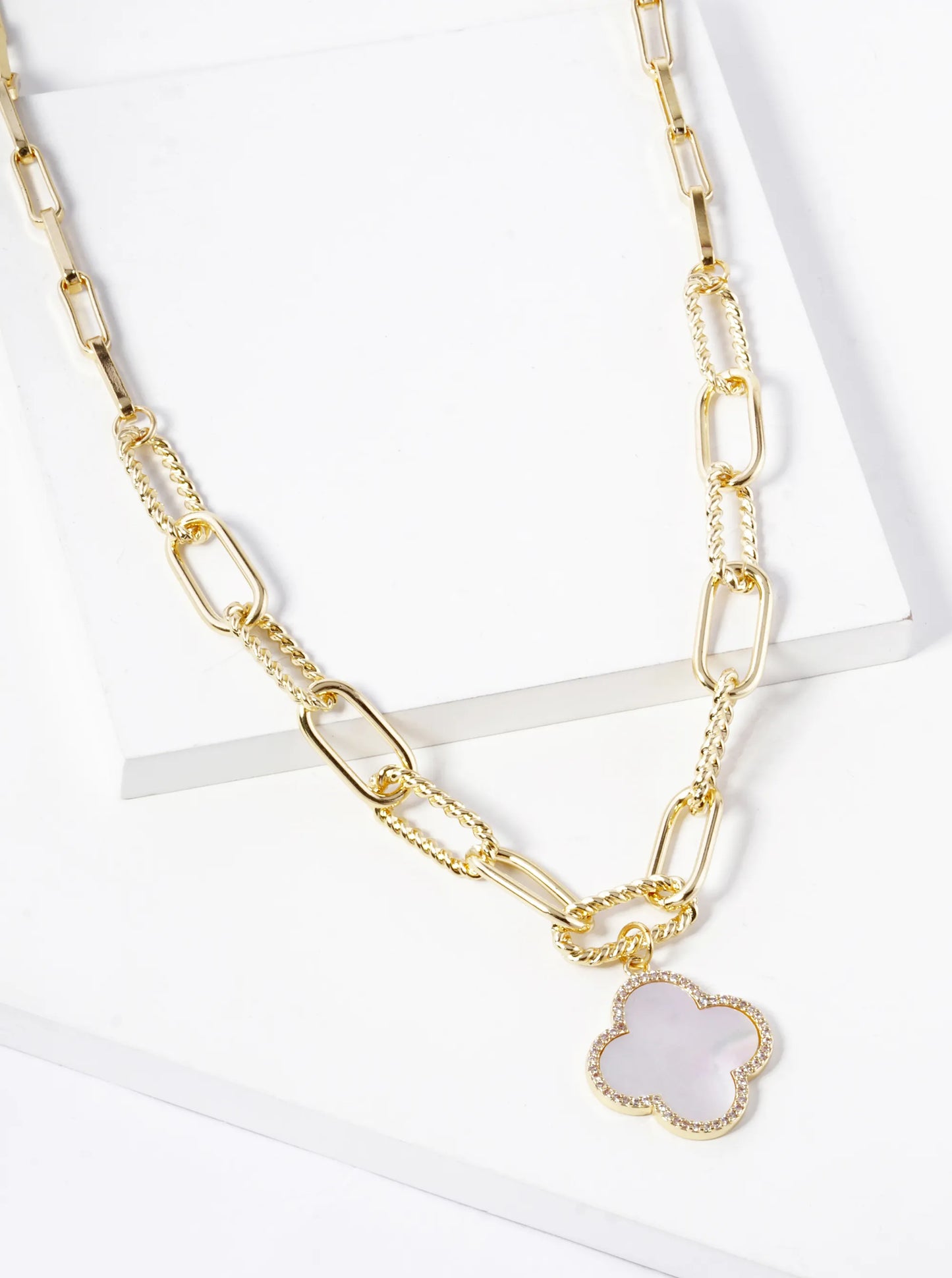 18K Gold Dipped Micro Pave Set Cubic Zirconia Semi-Precious Quatrefoil Pendant Chain Necklace