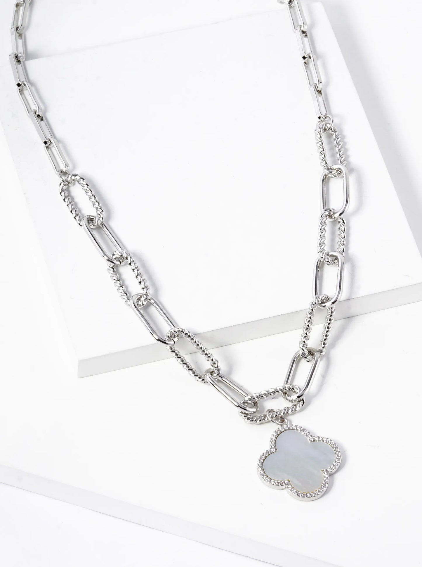 18K Gold Dipped Micro Pave Set Cubic Zirconia Semi-Precious Quatrefoil Pendant Chain Necklace