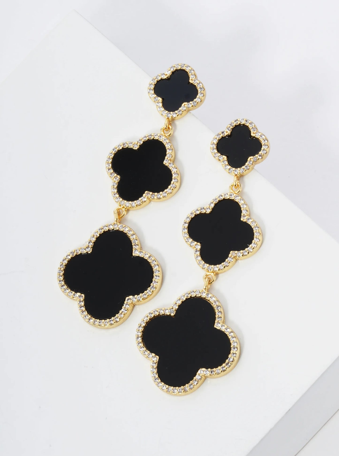 18K Gold Dipped Micro Pave Set Cubic Zirconia Three Graduated Quatrefoil Drop Dangle Post Earrings