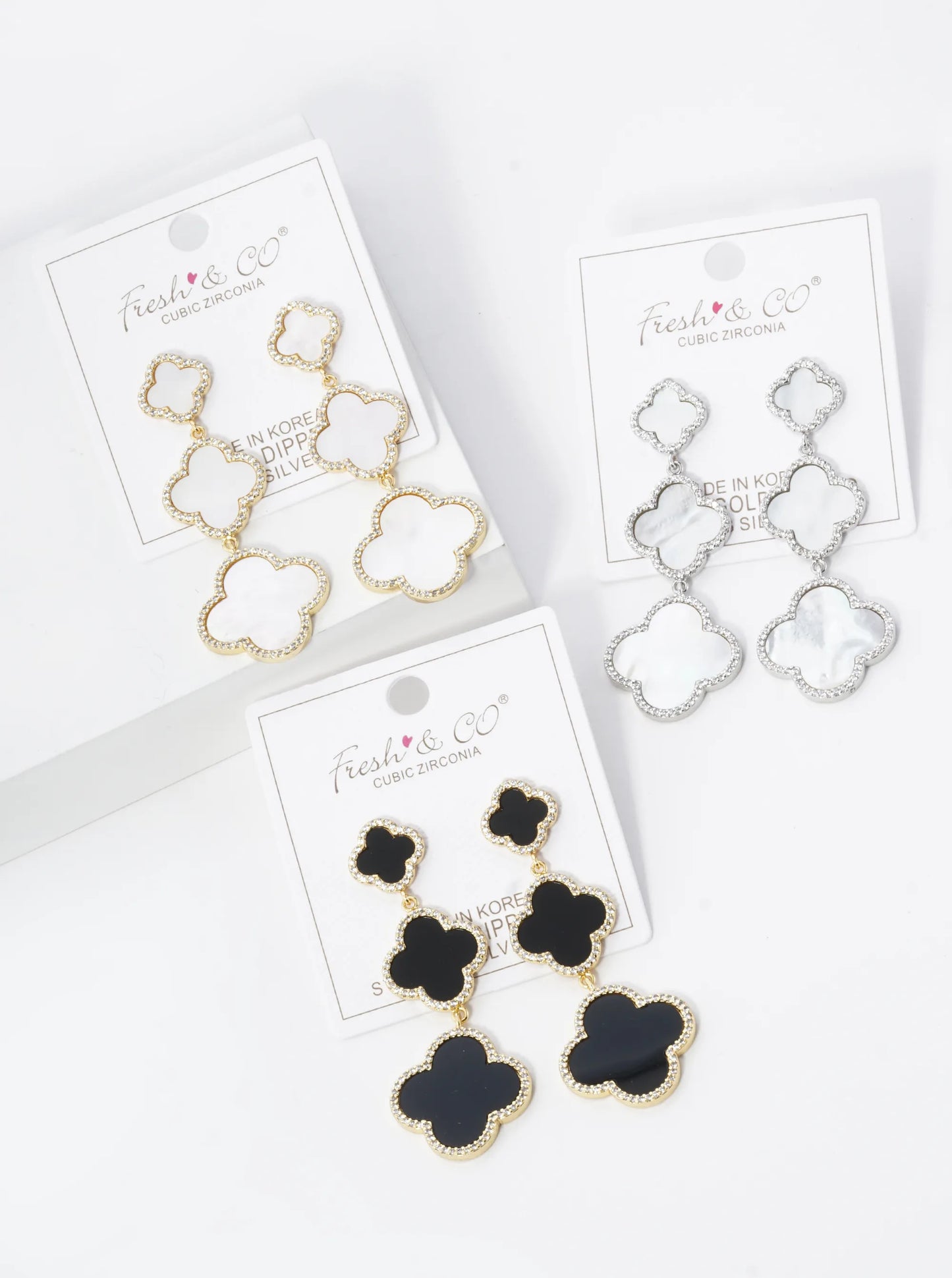 18K Gold Dipped Micro Pave Set Cubic Zirconia Three Graduated Quatrefoil Drop Dangle Post Earrings