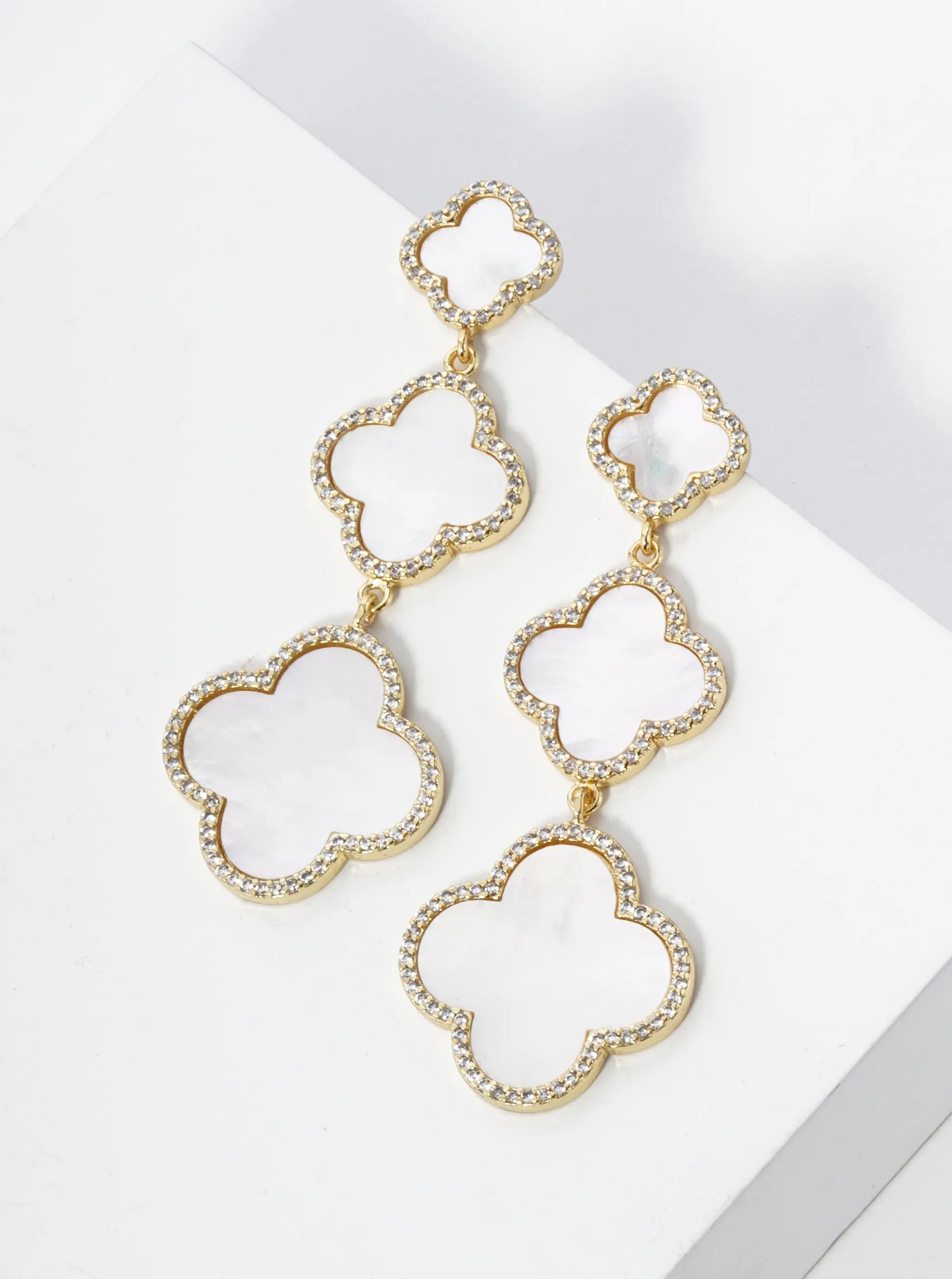 18K Gold Dipped Micro Pave Set Cubic Zirconia Three Graduated Quatrefoil Drop Dangle Post Earrings