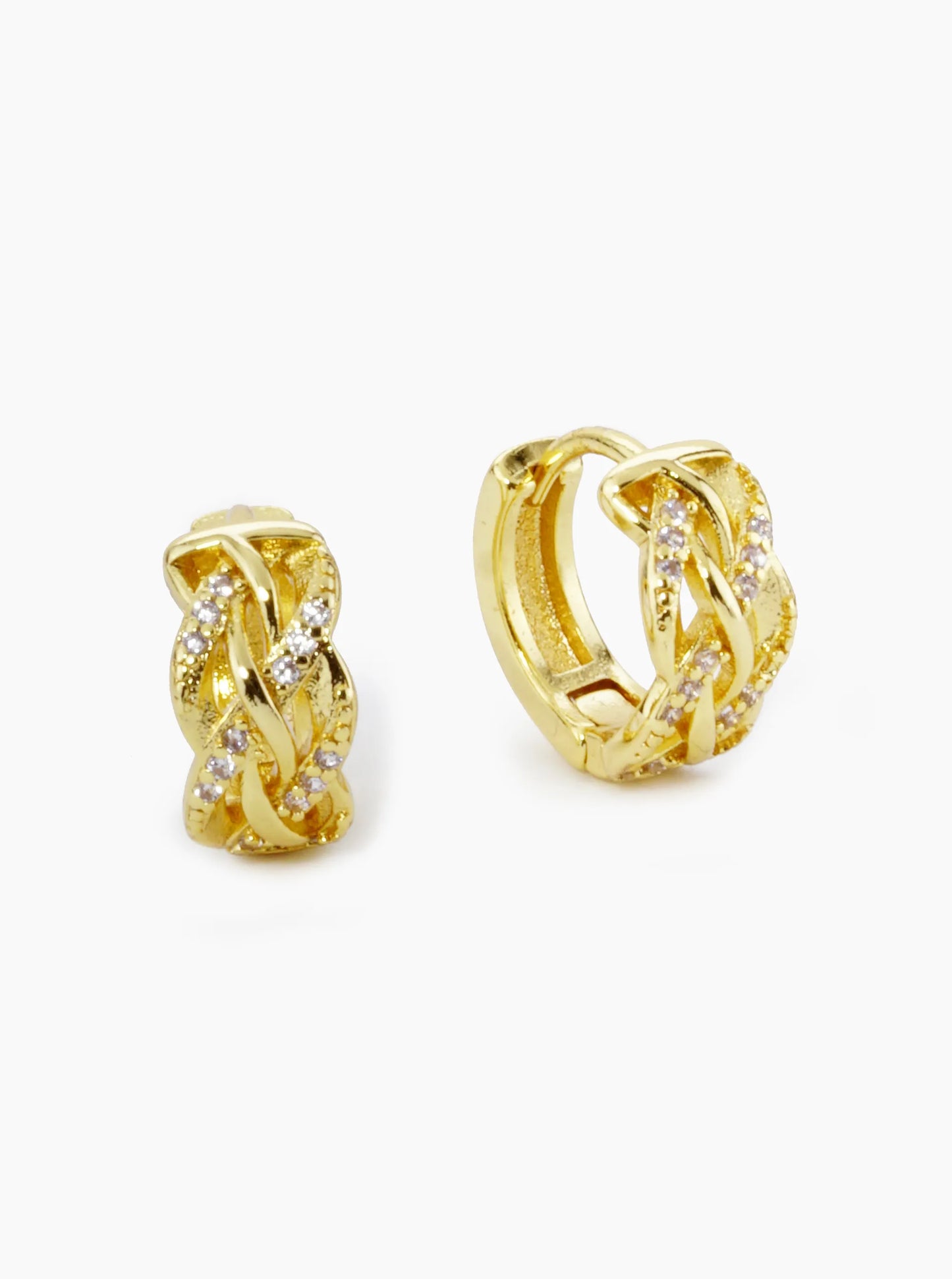 18K Gold Dipped Micro Pave Set Cubic Zirconia Weave Texture 12mm Huggie Hoop Earrings