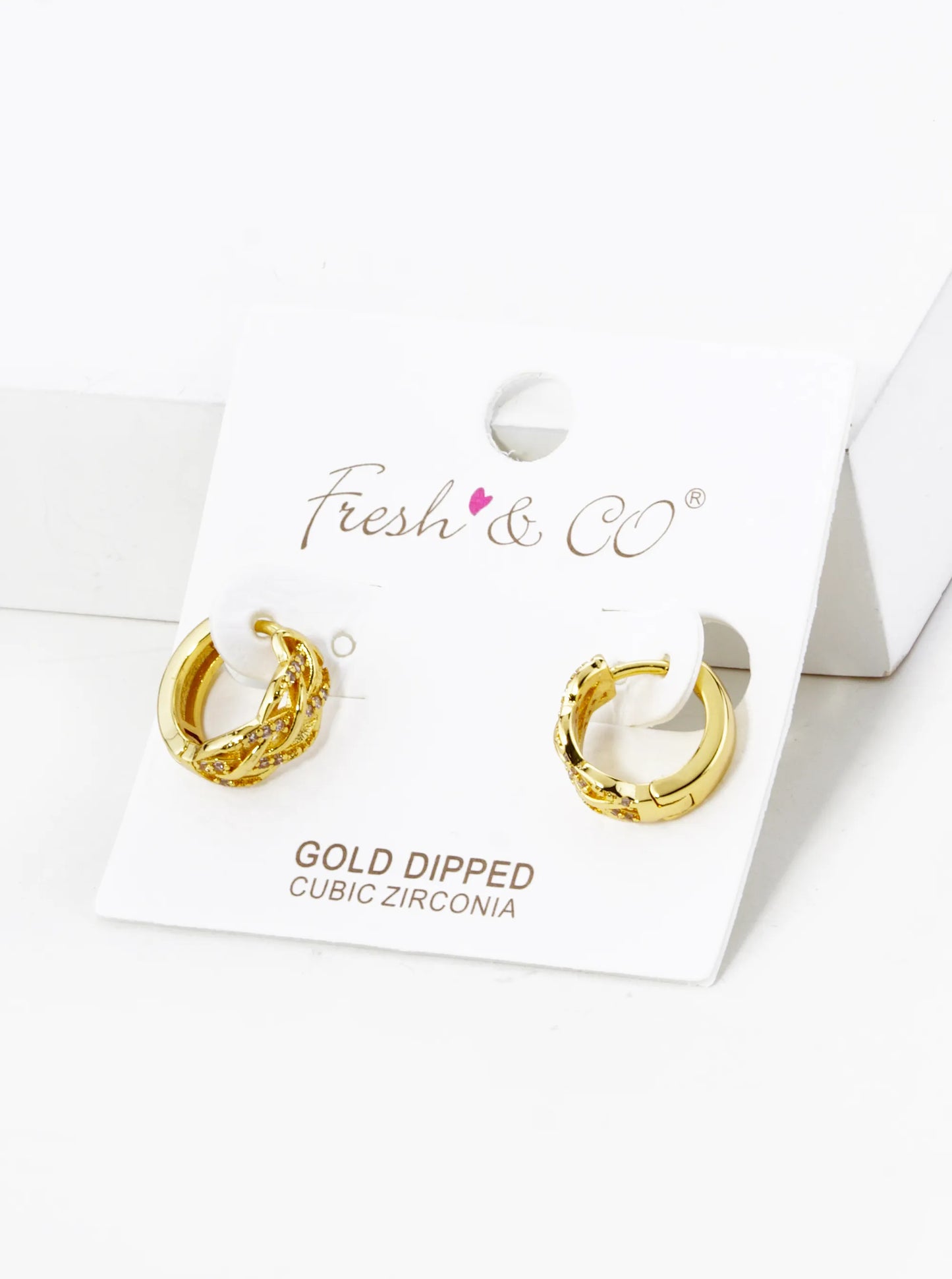 18K Gold Dipped Micro Pave Set Cubic Zirconia Weave Texture 12mm Huggie Hoop Earrings