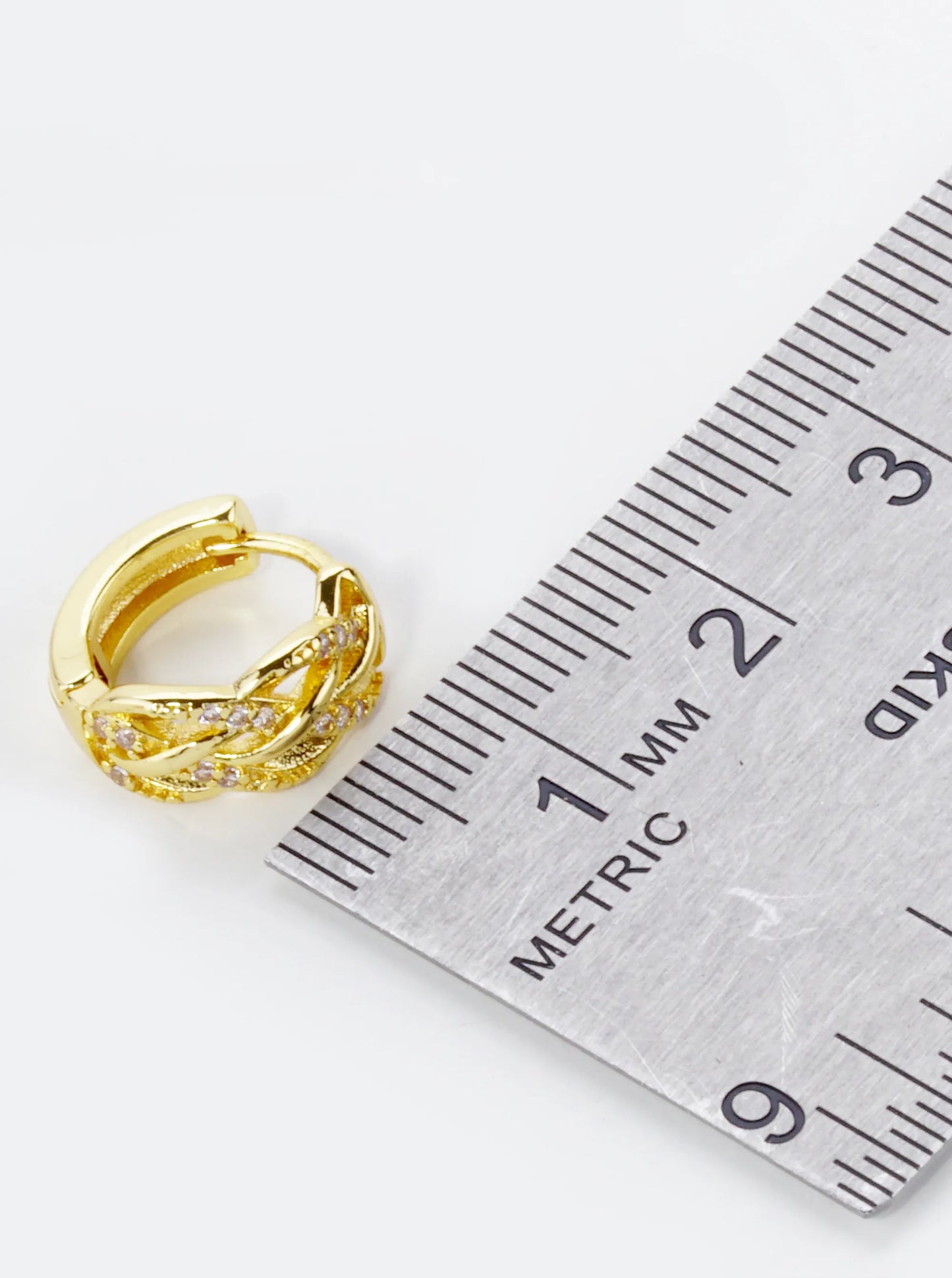 18K Gold Dipped Micro Pave Set Cubic Zirconia Weave Texture 12mm Huggie Hoop Earrings