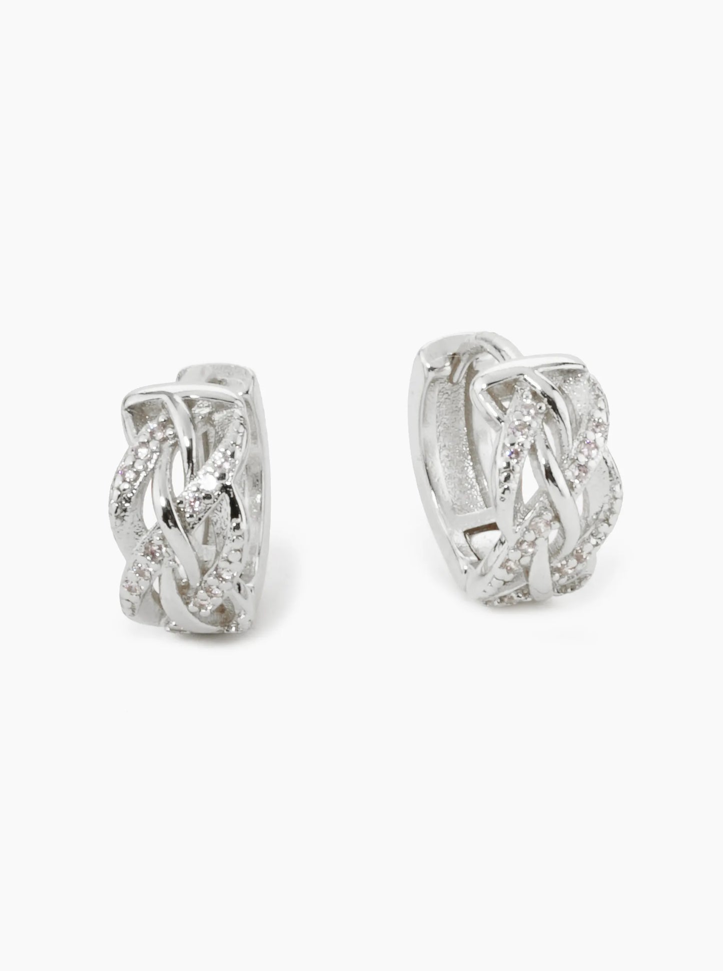 18K Gold Dipped Micro Pave Set Cubic Zirconia Weave Texture 12mm Huggie Hoop Earrings