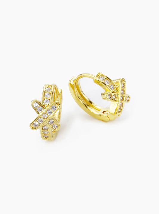 18K Gold Dipped Micro Pave Set Cubic Zirconia X Accent 12mm Huggie Hoop Earrings