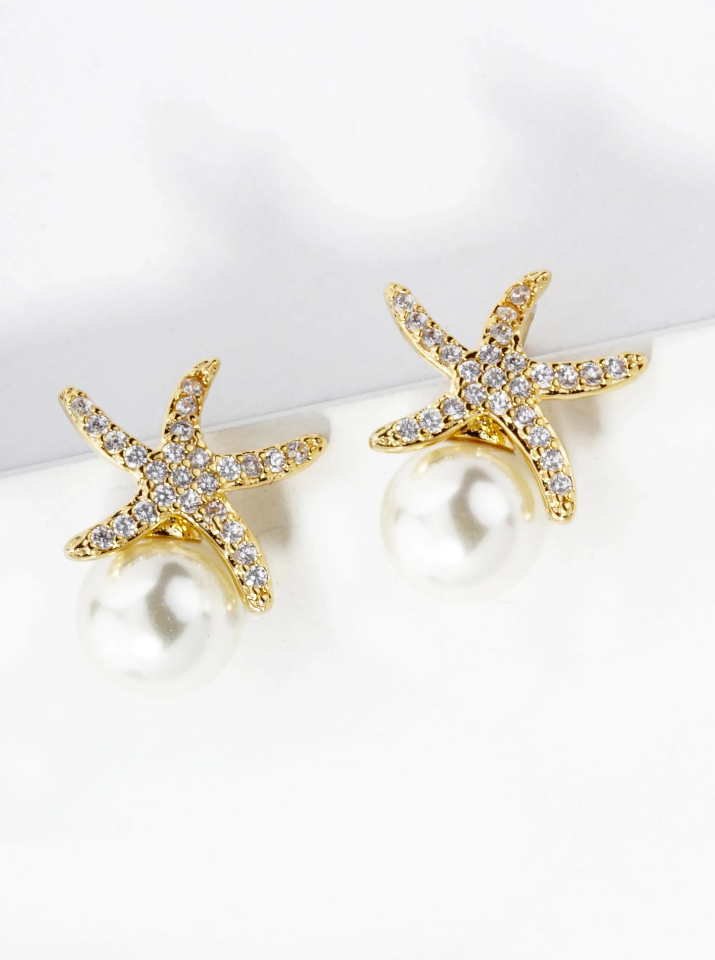 18K Gold Dipped Micro Pave Set Sea Stars Starfish 8mm Pearl Stud Earrings