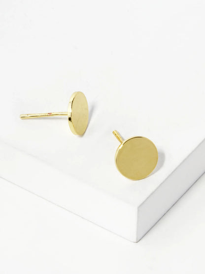 18K Gold Dipped Minimalist 8mm Brass Flat Round Sterling Silver Post Stud Earrings