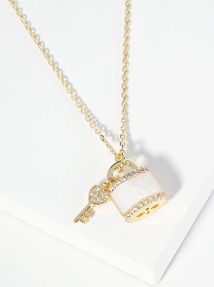 18K Gold Dipped Mother Of Pearl CZ Key And Padlock Pendant Necklace