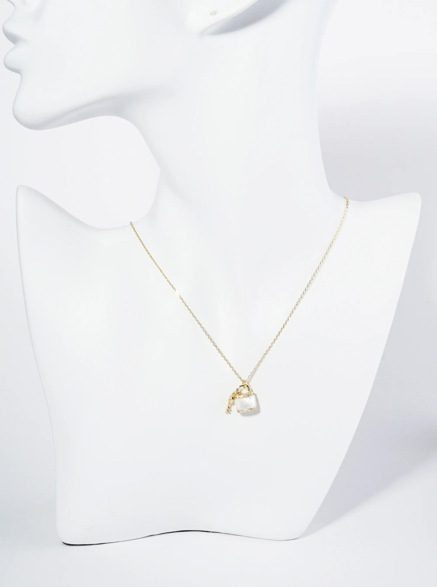 18K Gold Dipped Mother Of Pearl CZ Key And Padlock Pendant Necklace