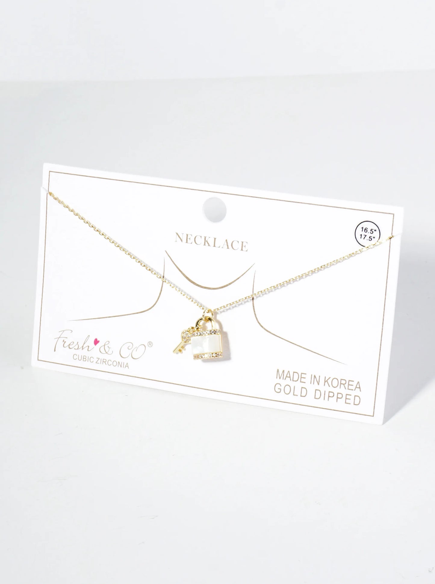 18K Gold Dipped Mother Of Pearl CZ Key And Padlock Pendant Necklace