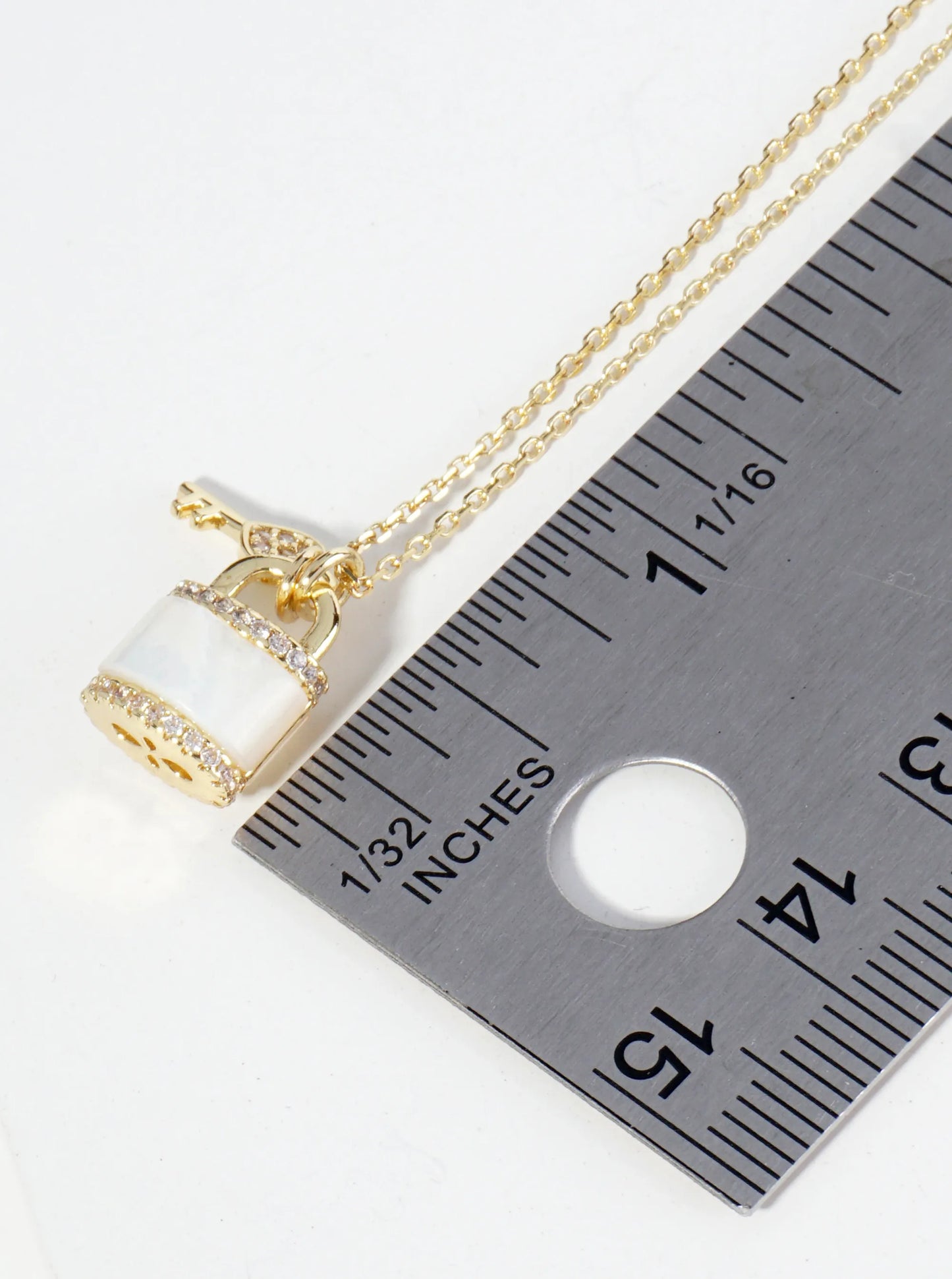 18K Gold Dipped Mother Of Pearl CZ Key And Padlock Pendant Necklace