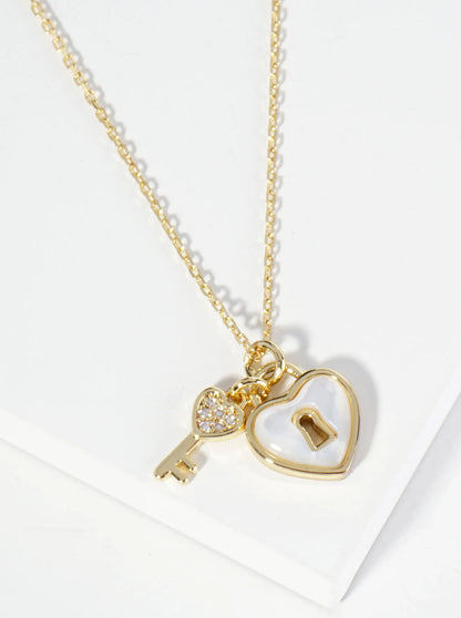 18K Gold Dipped Mother Of Pearl Heart CZ Key Pendant Necklace