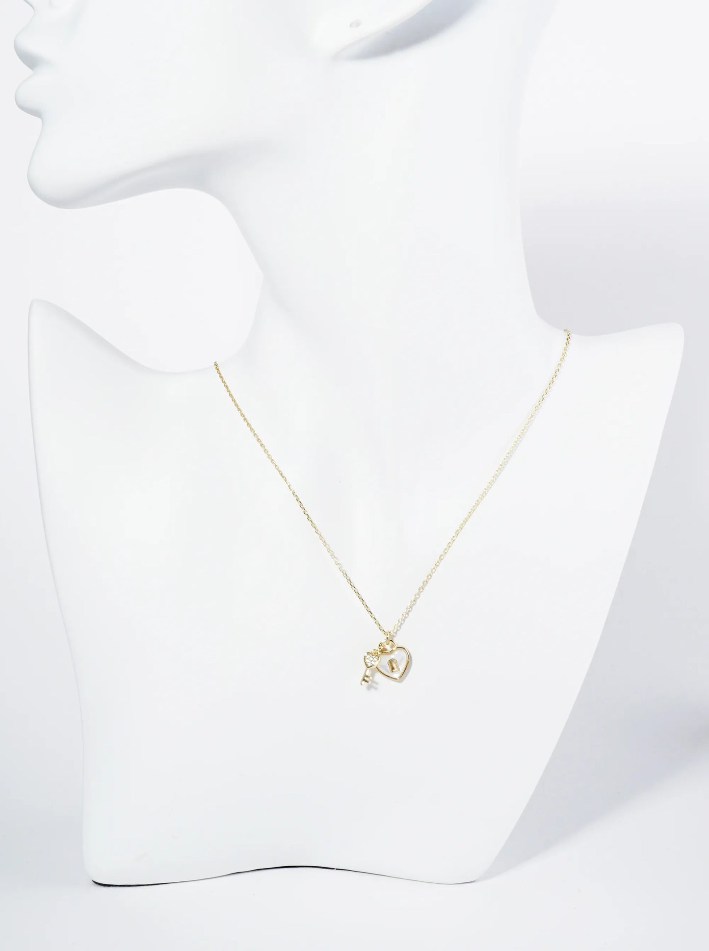 18K Gold Dipped Mother Of Pearl Heart CZ Key Pendant Necklace