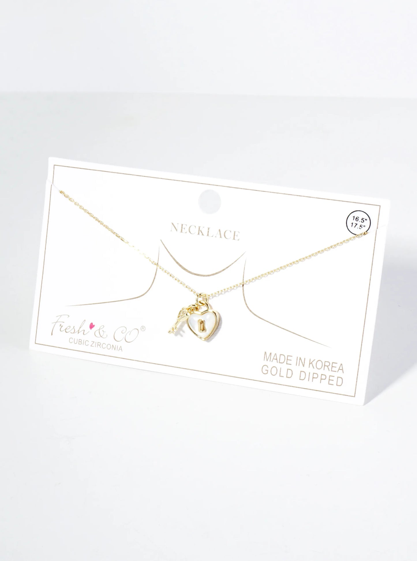 18K Gold Dipped Mother Of Pearl Heart CZ Key Pendant Necklace