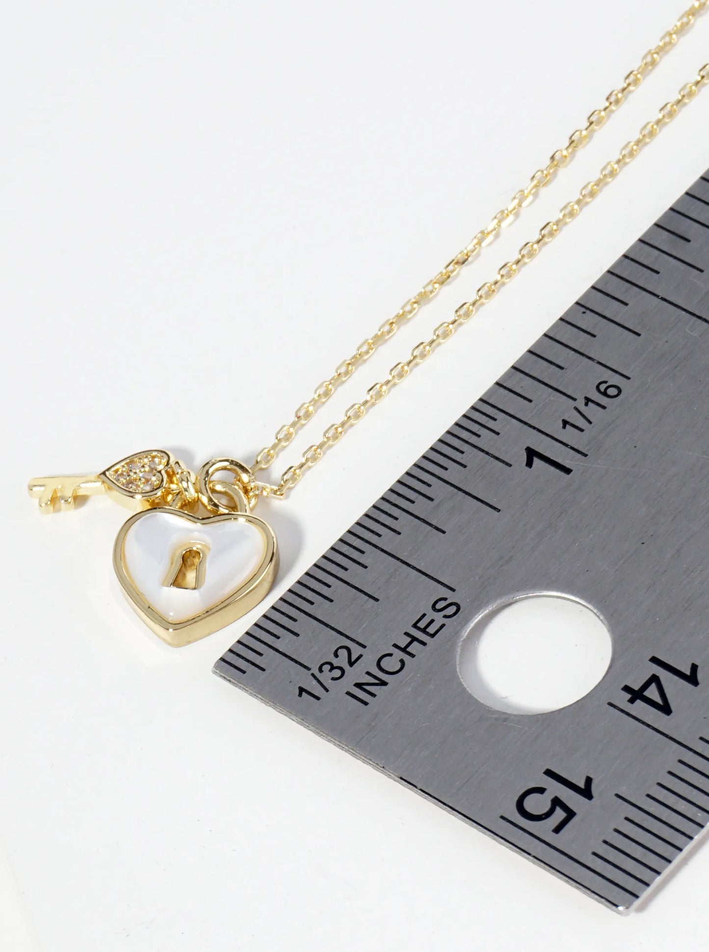 18K Gold Dipped Mother Of Pearl Heart CZ Key Pendant Necklace
