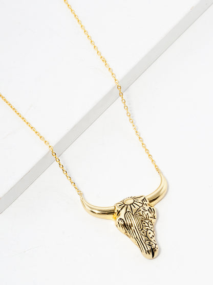18K Gold Dipped Pattern Engraved Bull Head Pendant Necklace