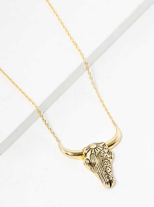 18K Gold Dipped Pattern Engraved Bull Head Pendant Necklace