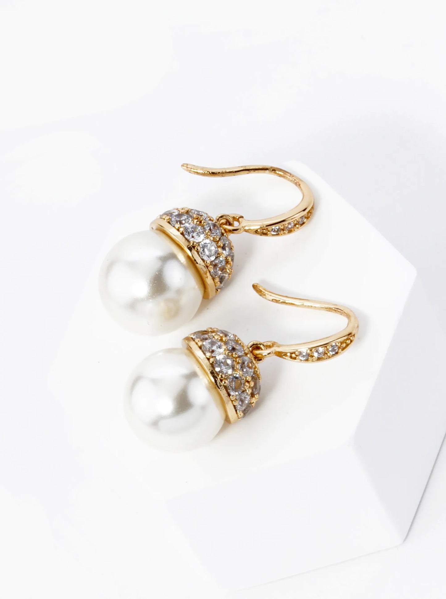 18K Gold Dipped Pave Cubic Zirconia 8mm Pearl Drop Dangle Earrings