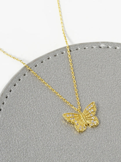 18K Gold Dipped Pave Cubic Zirconia Butterfly Pendant Necklace