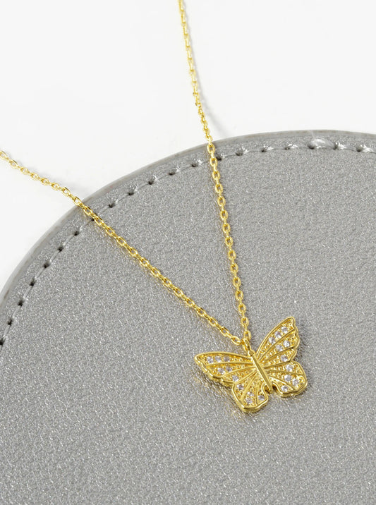 18K Gold Dipped Pave Cubic Zirconia Butterfly Pendant Necklace