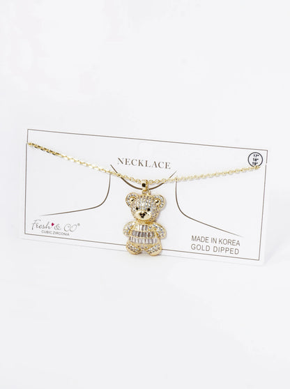 18K Gold Dipped Pave Cubic Zirconia Embellishments Teddy Bear Pendant Necklace