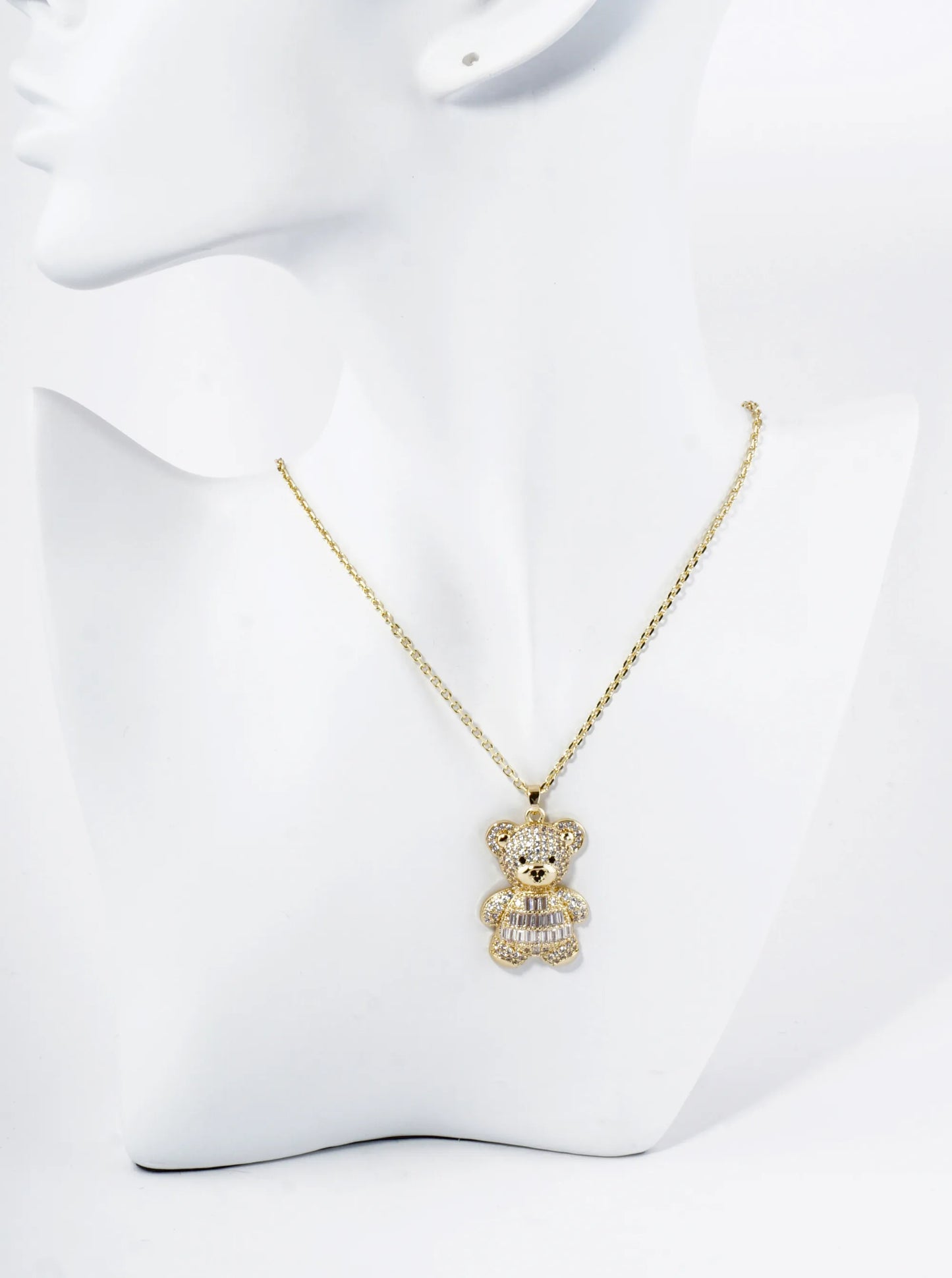 18K Gold Dipped Pave Cubic Zirconia Embellishments Teddy Bear Pendant Necklace