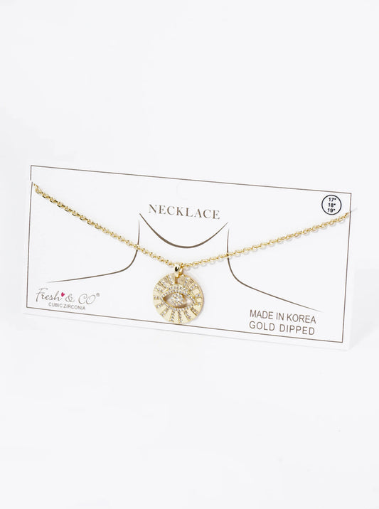 18K Gold Dipped Pave Cubic Zirconia Evil Eye Round Pendant Necklace