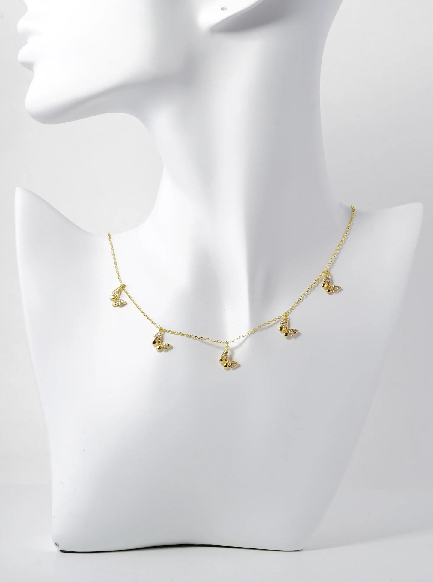 18K Gold Dipped Pave Cubic Zirconia Five Butterflies Pendant Necklace