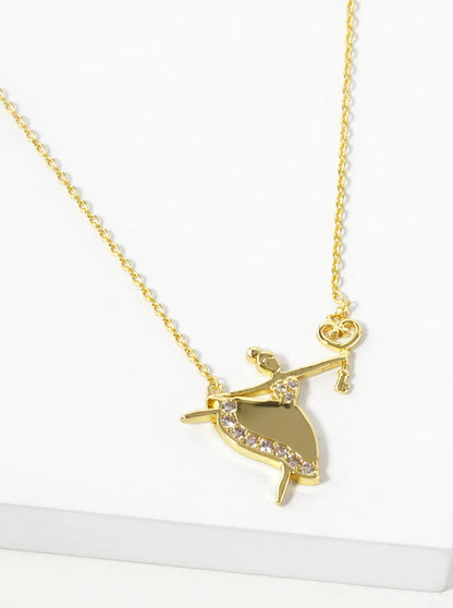 18K Gold Dipped Pave Cubic Zirconia Heart Key Grabbed Ballerina Pendant Necklace