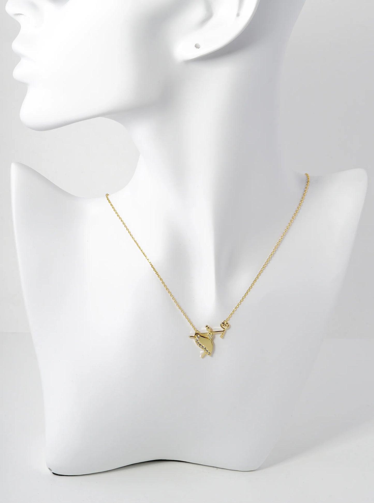 18K Gold Dipped Pave Cubic Zirconia Heart Key Grabbed Ballerina Pendant Necklace