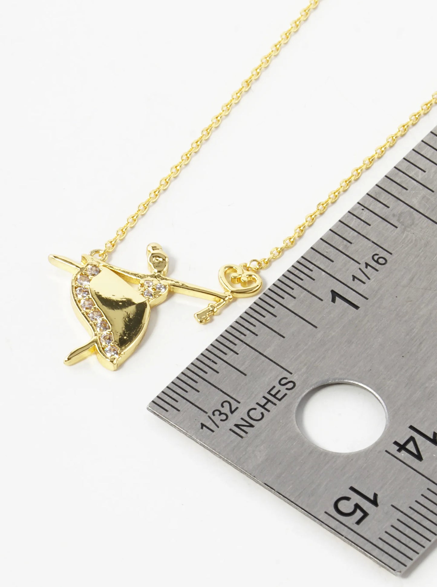18K Gold Dipped Pave Cubic Zirconia Heart Key Grabbed Ballerina Pendant Necklace
