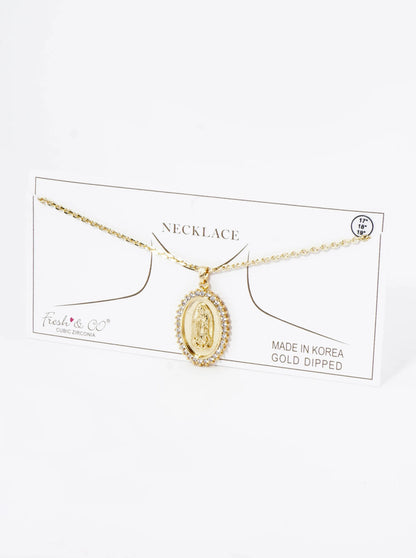 18K Gold Dipped Pave Cubic Zirconia Miraculous Medal Oval Pendant Necklace
