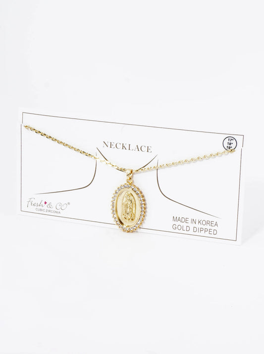 18K Gold Dipped Pave Cubic Zirconia Miraculous Medal Oval Pendant Necklace