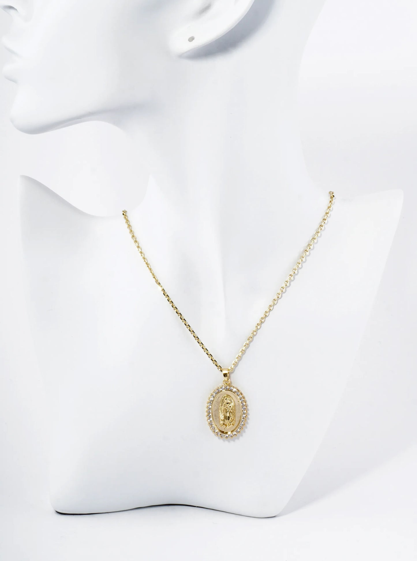 18K Gold Dipped Pave Cubic Zirconia Miraculous Medal Oval Pendant Necklace