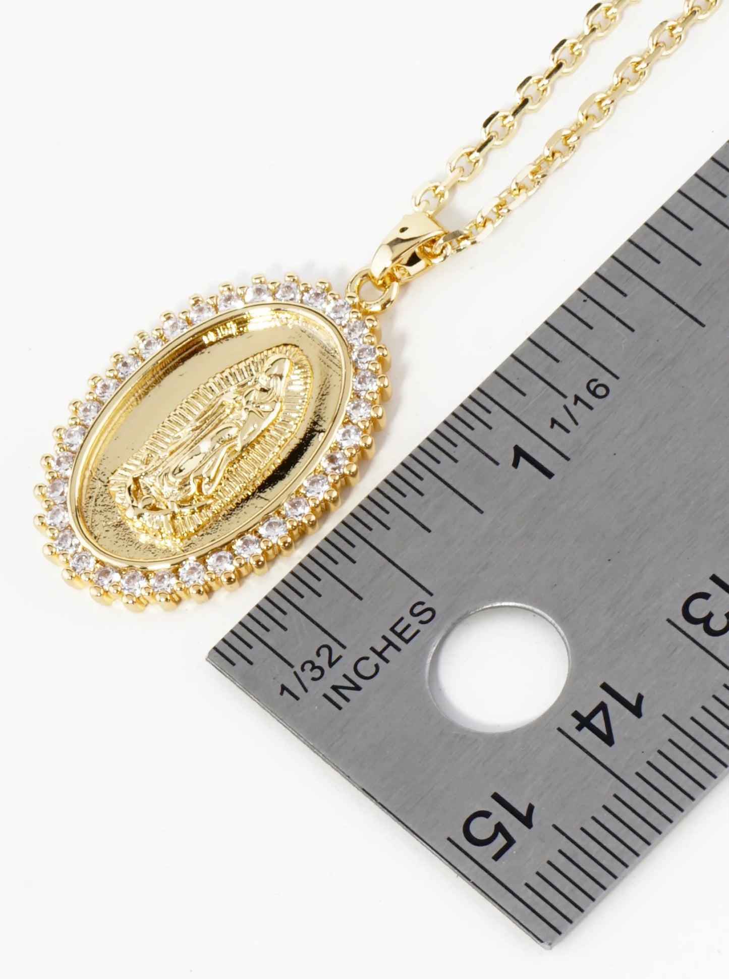 18K Gold Dipped Pave Cubic Zirconia Miraculous Medal Oval Pendant Necklace