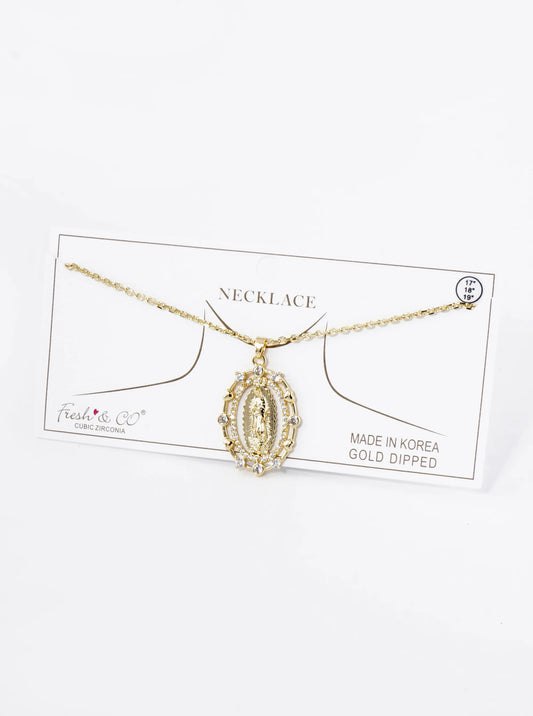 18K Gold Dipped Pave Cubic Zirconia Miraculous Medal Oval Pendant Necklace