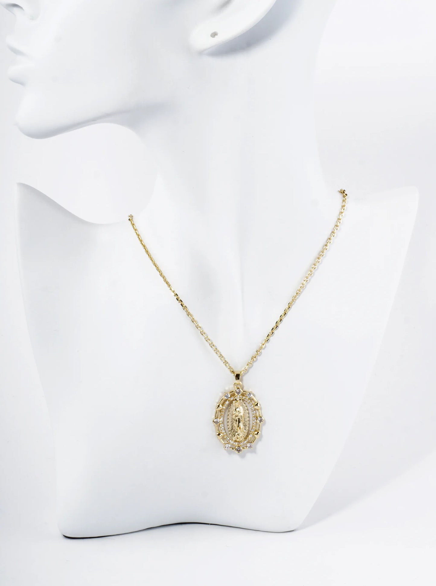 18K Gold Dipped Pave Cubic Zirconia Miraculous Medal Oval Pendant Necklace