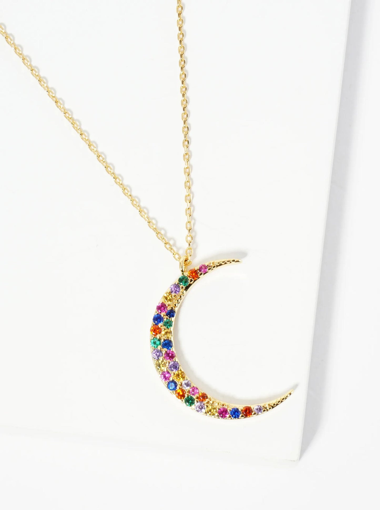 18K Gold Dipped Pave Set CZ 1 Inch Crescent Moon Pendant Necklace