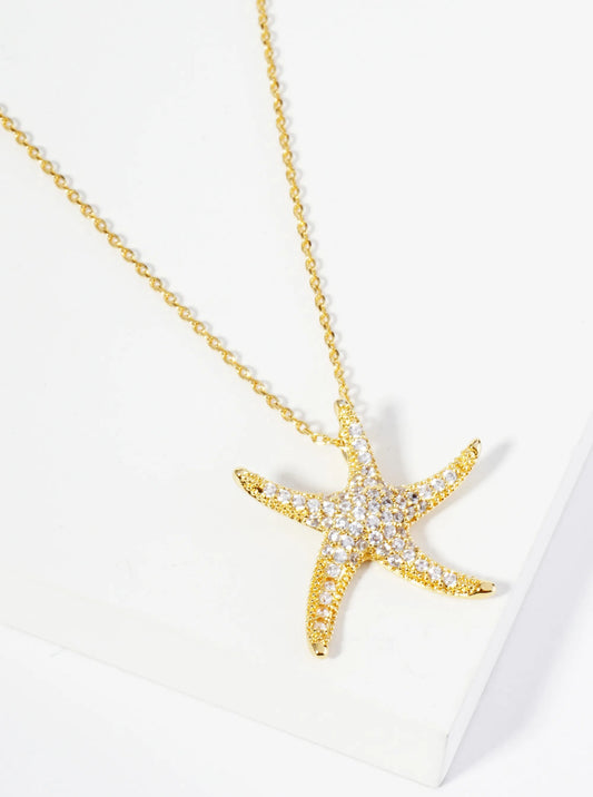 18K Gold Dipped Pave Set CZ 1 Inch Starfish Sea Star Pendant Necklace