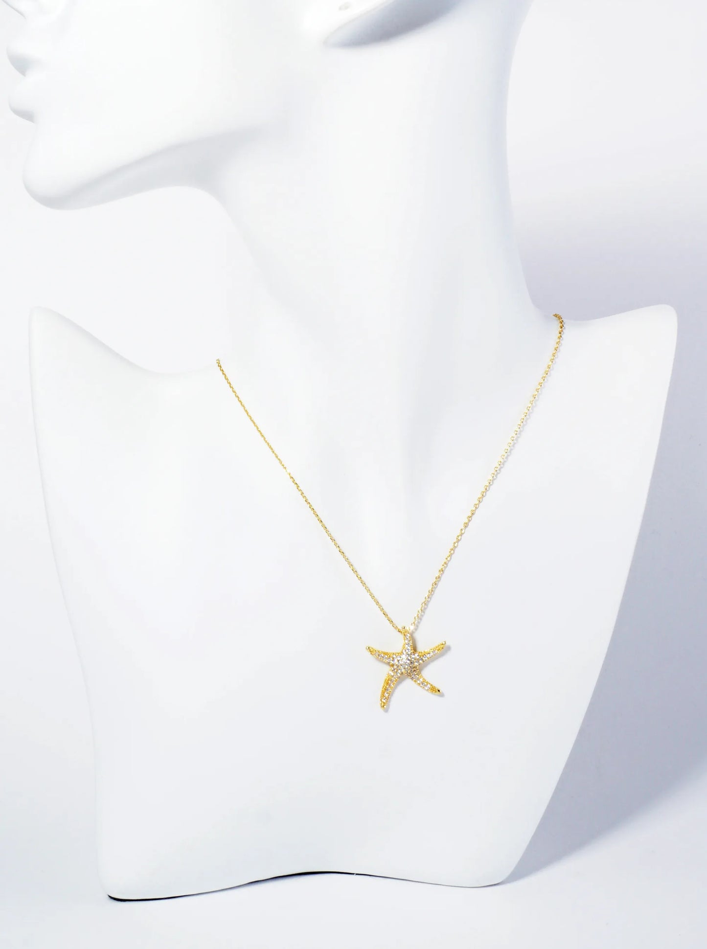 18K Gold Dipped Pave Set CZ 1 Inch Starfish Sea Star Pendant Necklace