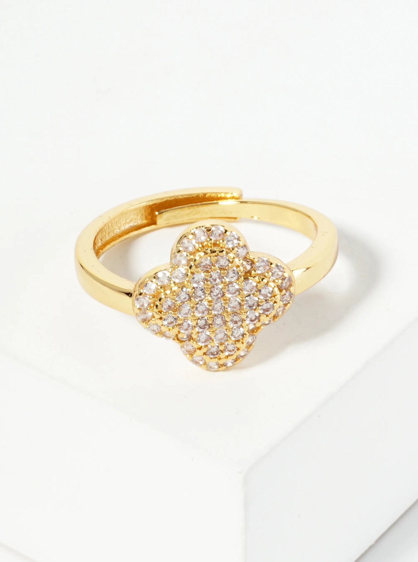 18K Gold Dipped Pave Set CZ 12mm Quatrefoil Adjustable Ring