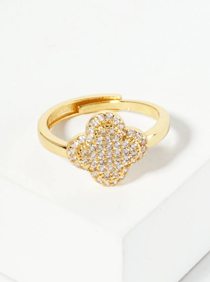 18K Gold Dipped Pave Set CZ 12mm Quatrefoil Adjustable Ring